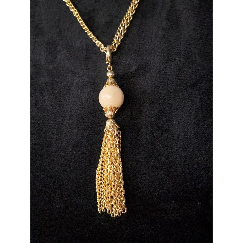 Park Lane Vintage Gold Tone Double Strand Tassel Necklace Cream Faux Pearl Bead‎